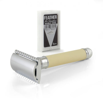 Edwin Jagger Rubber Coated (Ivory) DE Razor + Free Feather Blades